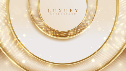 Cream luxury background with golden circle frame and halftone elements decorated with bokeh effect and glitter lights.