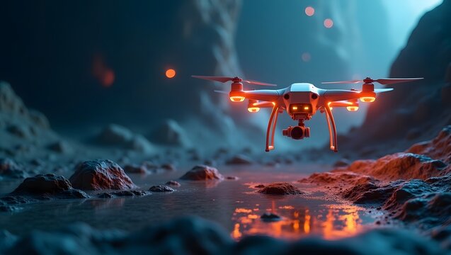 A glowing drone powered by AI hovering above a mysterious alien surface with mineral textures and strange lights. The drone emits scanning rays in soft color tones.