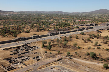 View from above of Ancient ruins of the Aztec and Pyramids at Teotihuacan, Mexico