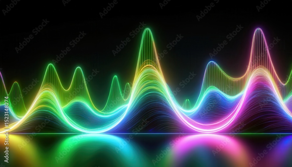 Poster vibrant neon waveform curve glowing in darkness with rainbow color spectrum and smooth gradient reflection for abstract web design, futuristic branding, or dynamic digital print background

