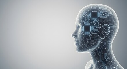 A translucent, semi-humanoid AI profile silhouette facing left, positioned on the far right of the image. The inner head structure is formed by layered circuits and glowing lines, with no writing. 