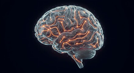 A stylized artificial brain made of glowing light paths and layered glass-like structures, positioned in the upper right corner. No letters, numbers, or symbols — only abstract shapes. 