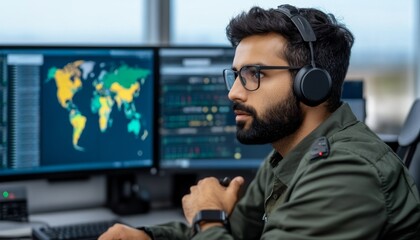 Data analyst working in modern office global map on screen digital environment focused viewpoint data insights