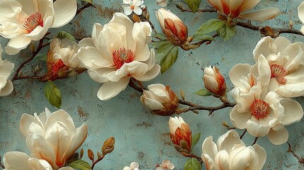   A blue and green background features an array of vibrant flowers surrounded by foliage