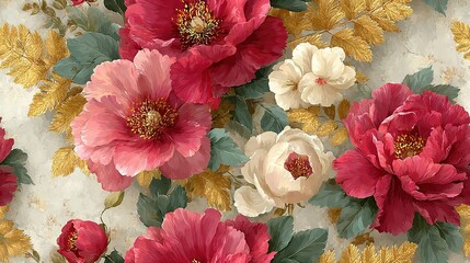   Close-up of a bouquet of flowers with gold and red leaves arranged on a smooth surface