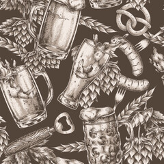 Beer snacks design pretzels sausages
