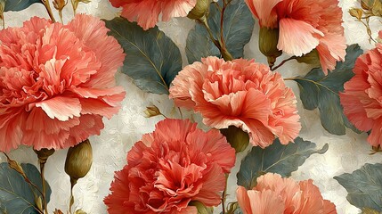   A close-up of a bouquet of flowers against a pastel backdrop featuring floral wallpaper and scattered foliage