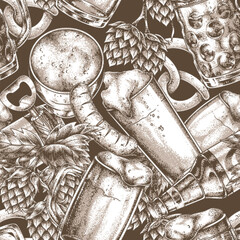 Craft beer art with mugs and hops