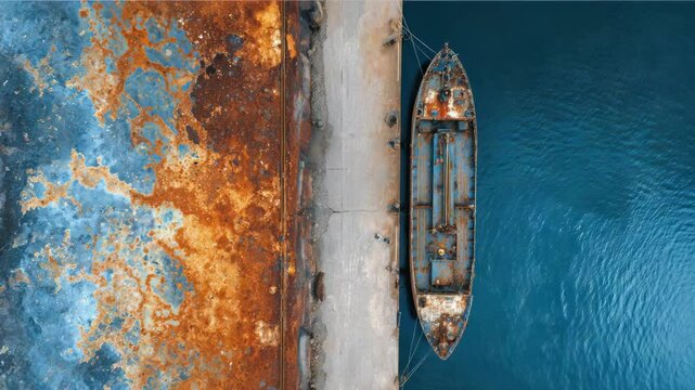 Top-down aerial view of boat docked near forested shoreline

