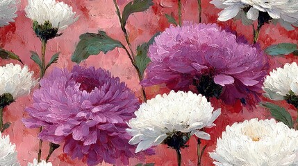  Purple and white flowers against a red background, with green leaves; White and pink flowers against another red background