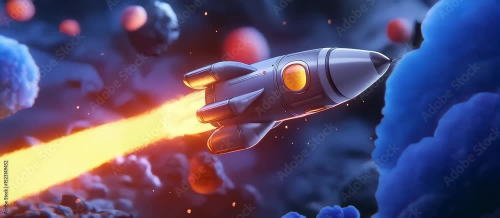 Aufkleber dynamic spacecraft animation with rocket launch and fiery trail through cosmic animation