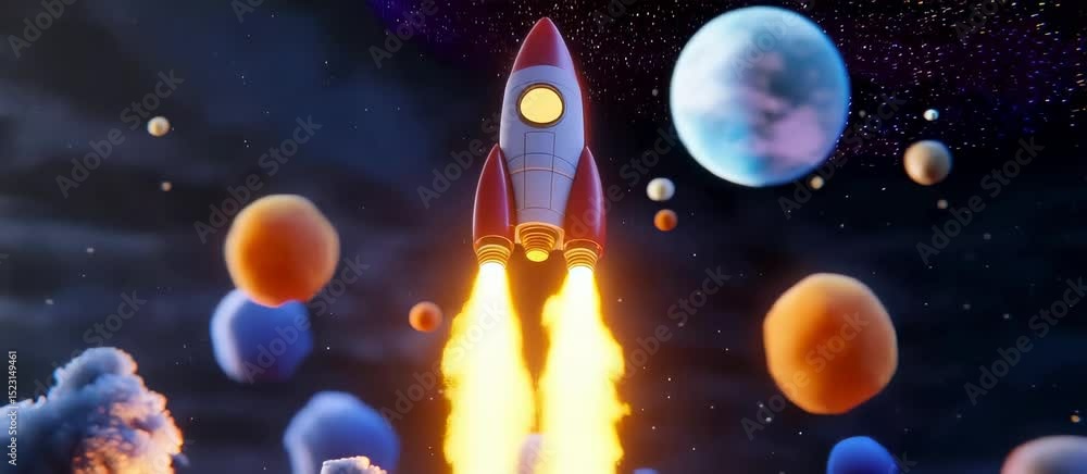 Poster colorful rocket launch through planetary space with dynamic trails