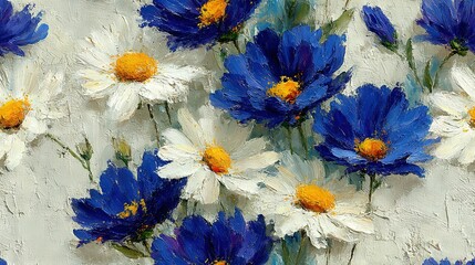   Blue & white flowers on white & yellow background w/ white & yellow flowers in fg