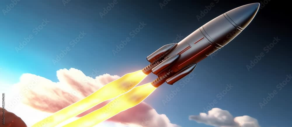 Aufkleber rocket launch animation: vertical ascent with fiery trails and space effects
