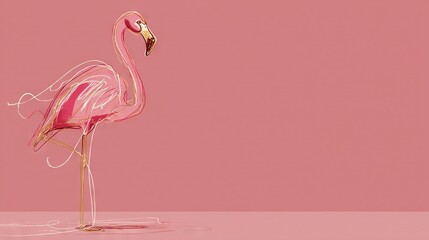   A pink flamingo gracefully stands atop a pink background, its head turned sideways as its long legs stretch out