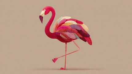   Pink Flamingo on One Leg with Patterned Body & Long Feather Bill