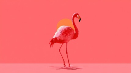  Flamingo on hind legs against pink background with sun in the back