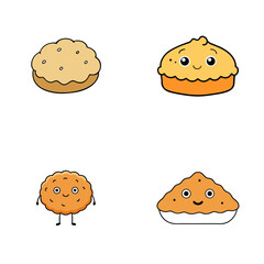 Four cartoon pies with faces and different shapes on a white background in a square layout view