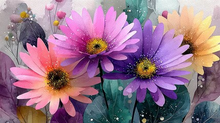  A painting of a bouquet in a vase, featuring water droplets on the flower petals against a backdrop of leafy greenery