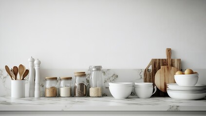 Fototapeta premium White Kitchen Counter with Baking Ingredients and Utensils on White Background