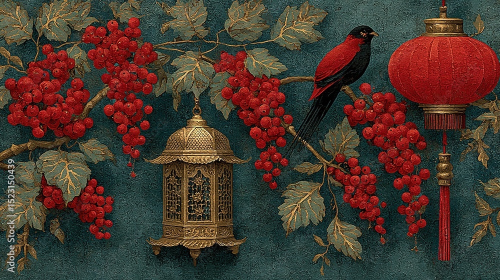 Aufkleber a depiction of a crimson avian perched on a branch near a lantern and another bird on a tree limb