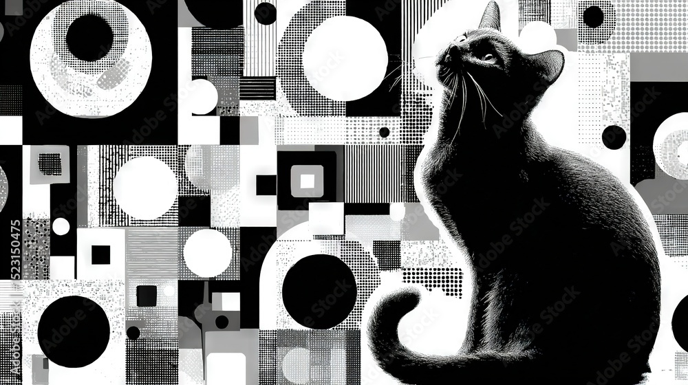 Poster a monochrome portrait of a feline perched on a wall adorned with numerous concentric patterns
