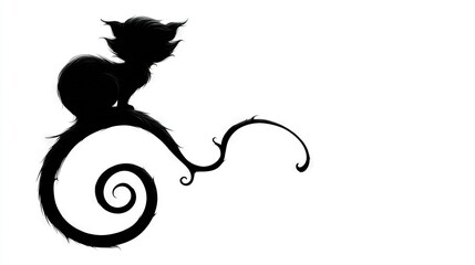   B&W feline atop spiral, tail on back