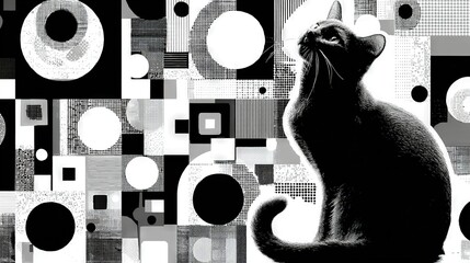   A monochrome portrait of a feline perched on a wall adorned with numerous concentric patterns