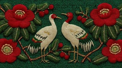  Two birds perched together on a green platform surrounded by red blossoms and green foliage
