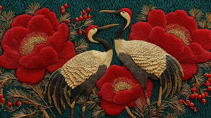   A pair of birds perched on a patch of red-flowered grass