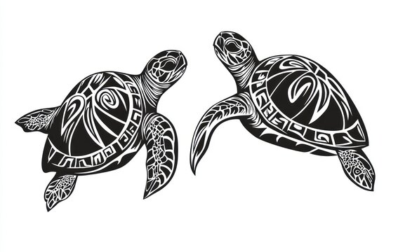 Two stylized sea turtles, black and white design, intricate patterns