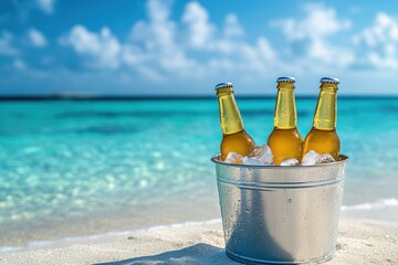 Two bottles of beer in an ice bucket on the beach, Maldives background, copy space for text Generative AI
