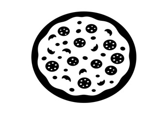 Fototapeta premium A black and white graphic illustration of a pepperoni pizza with a thick crust on a white background