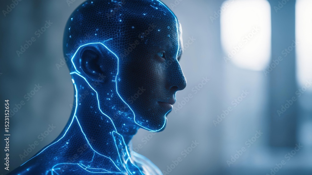 Poster close-up of a human head and neck, with a futuristic and technological design. the head is made up o