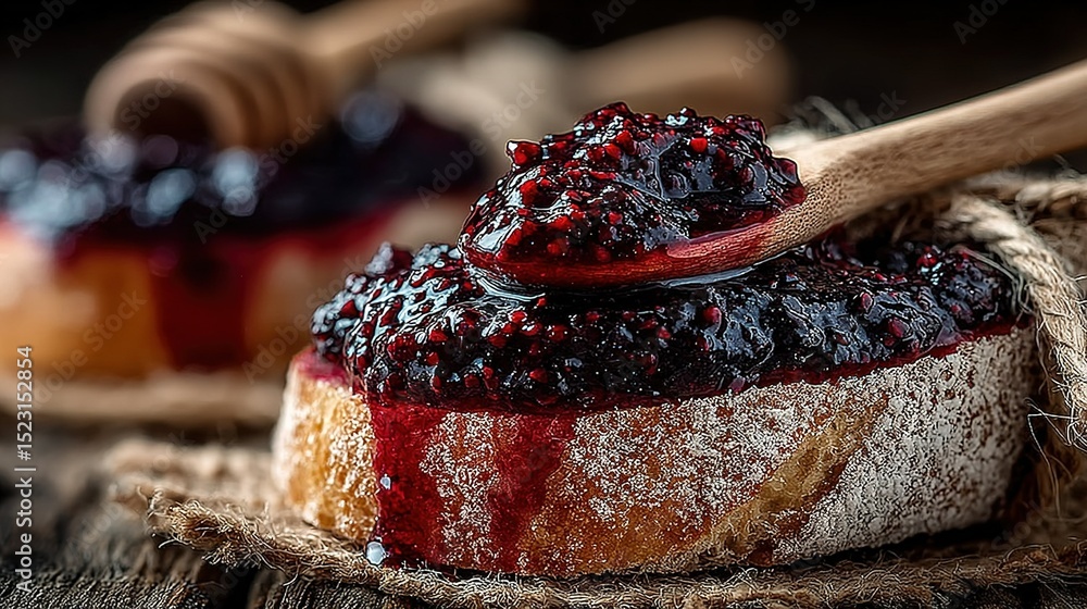 Poster a macro image of a slice of bread with jam spread on top, accompanied by a wooden spoon resting besi