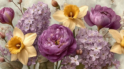   Close-up of a bouquet of flowers on a wall with a wallpaper behind it, and a picture of a bouquet on the wallpaper in the background