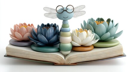   An image featuring a book open with a majestic dragon statue perched atop and an array of vibrant flowers adorning the foreground