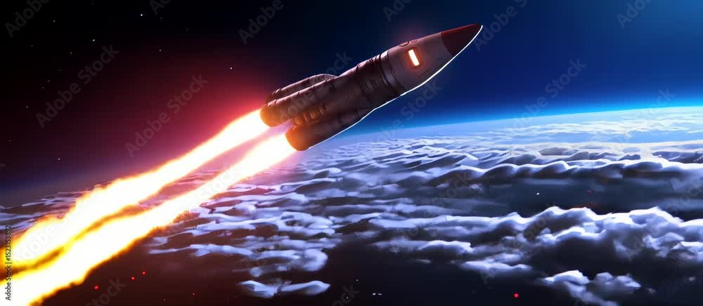 Poster dynamic rocket launch with fiery trails and cosmic animation