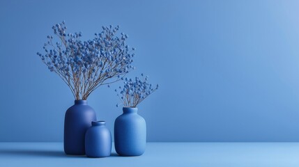 Three blue vases on a light blue background. the vases are arranged in a triangular formation, with the largest vase on the left, the middle vase in the center, and the smallest vase at the bottom.