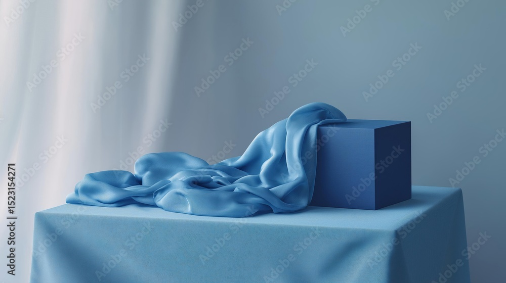 Aufkleber blue cube on a white tablecloth. the cube is placed on the right side of the table and is slightly t