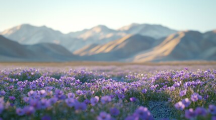 Fototapeta premium Purple wildflowers in a mountain valley at dawn