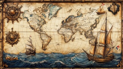 Fototapeta premium A decorative antique nautical map with ornate cartouches, sea monsters in the ocean areas, and drifting ships