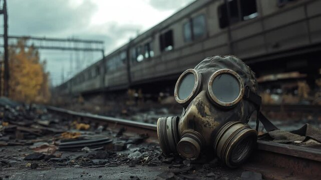 ai generated video of ukraine chernobyl nuclear disaster aftermath: old train is been moved. gas mask lying next to rail. dystopian lost place ghost town