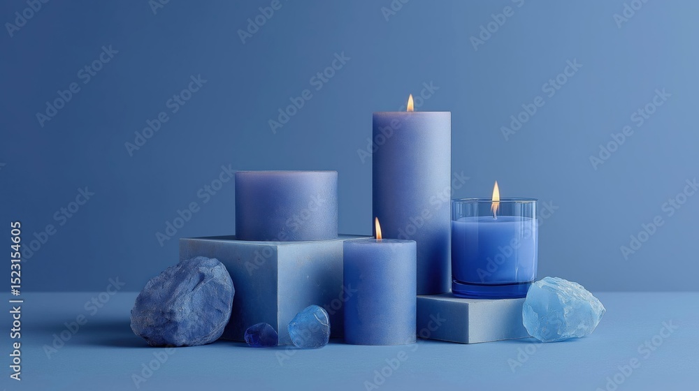 Poster group of three blue candles arranged on a light blue background. the candles are of different sizes 