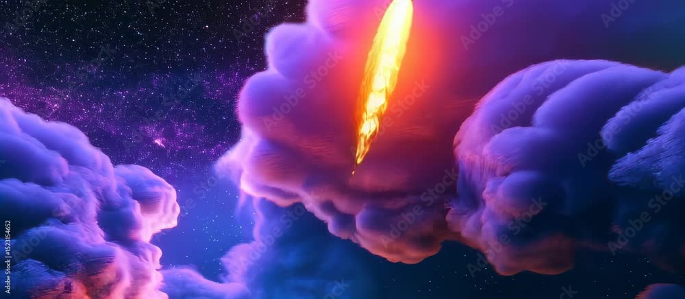 Poster rocket launch animation through colorful cosmic clouds and fiery trails