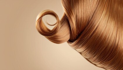 Obraz premium luxurious flowing strand of shiny strawberry blonde hair in elegant wave against warm beige background for haircare branding, cosmetic ad, web design, or beauty product packaging