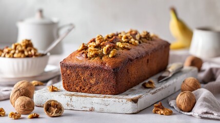   A slice of bread on a board with nuts and a banana nearby