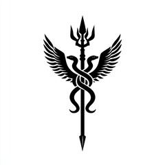 Obraz premium A stylized, black trident spear with winged serpents