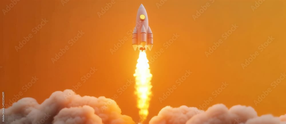 Poster fiery rocket launch with vibrant propulsion and space animation elements