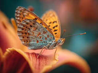 Fototapeta premium Detailed macro shot of a butterfly resting on a vibrant flower petal, rich natural colors and shallow depth of field focusing on delicate wing patterns